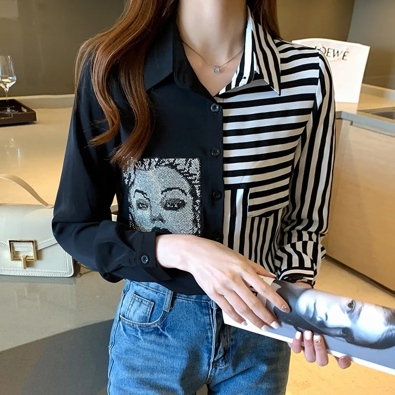 Nova blusa fashion de diamantes de ferro feminina, blusa listrada de retalhos e de primavera 2022,camisa de manga comprida-S-XXL
