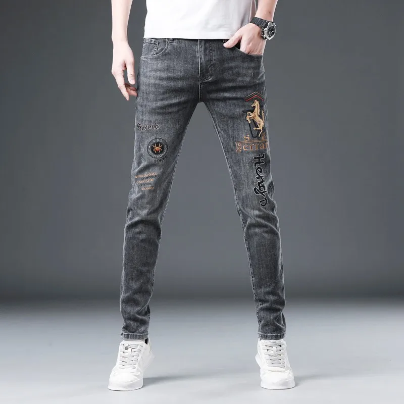 Summer Bull Embroidered Jeans Men European Station Thin Smoke Grey Slim Fit Small Foot Stomach Denim Pants High End Cotton Dress