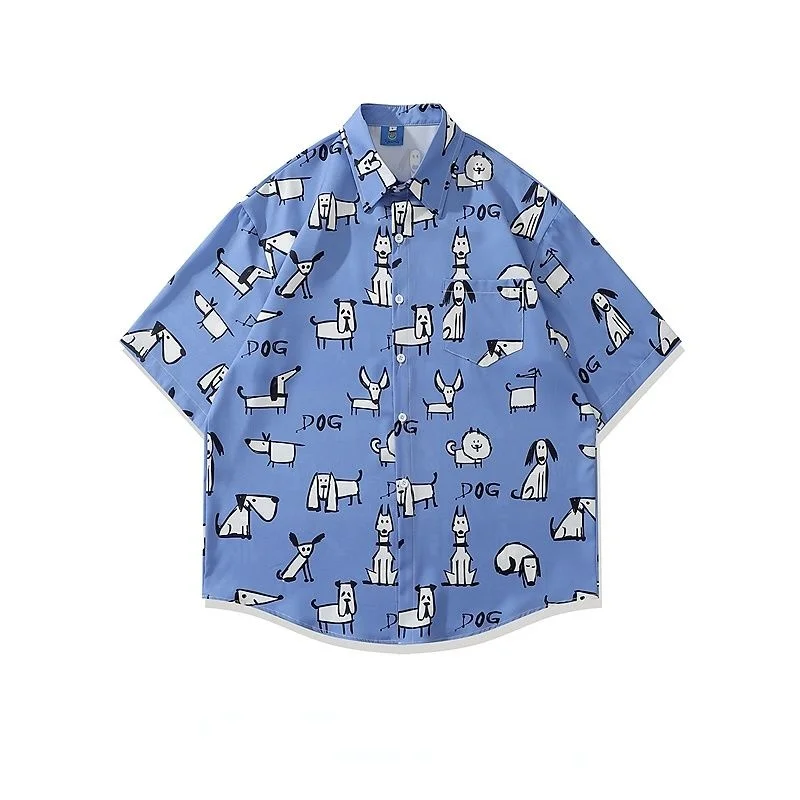 

Vintage Fun Cartoon Printed Short Sleeve Shirt Mens Daily Casual Loose Shirt for Summer