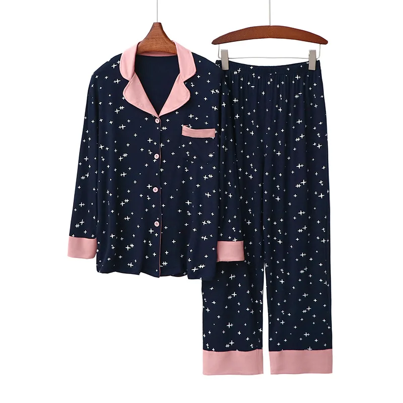Spring Pajamas for Women Home Wear Set Suit Collar Thin Modal Printing Contrasting Colors Lapel Cardigan Sleepwear Loungewear