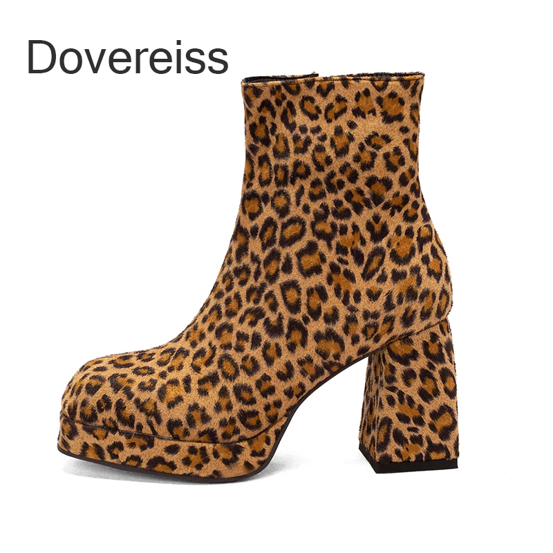 

Dovereiss 2022 Winter Female Boots Chunky Heels Leopard Print Ankle Boots Sexy Platform Waterproof Block Heels Big Size 42 43
