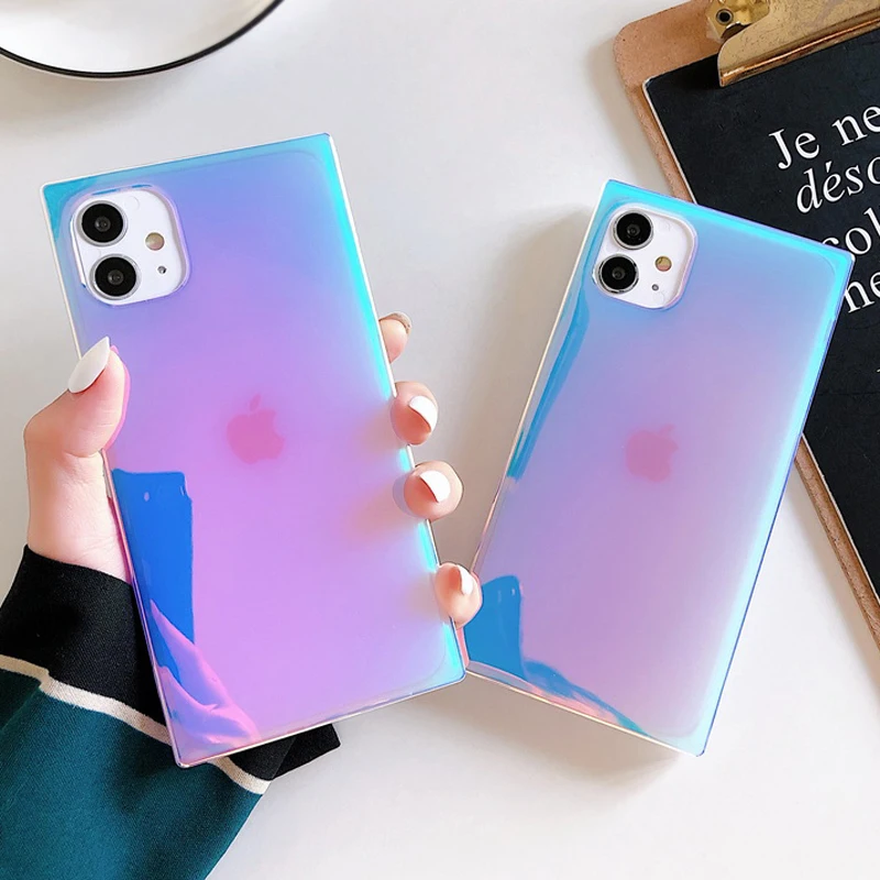 

Purple Laser Square Phone Case For iPhone 12 Mini 13 Pro 11 Pro Max XR X XS Max 7 8 Plus Soft IMD Phone Back Cover For iphone 11
