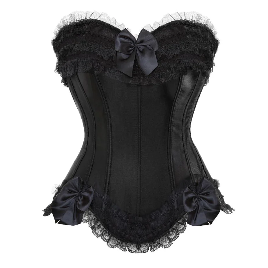 

Women Sexy Lace Bow Trim Overbust Corsets Bustiers Showgirl Satin Waist Cincher Body Shaper Lace Up Corset Bustier Lingerie Top