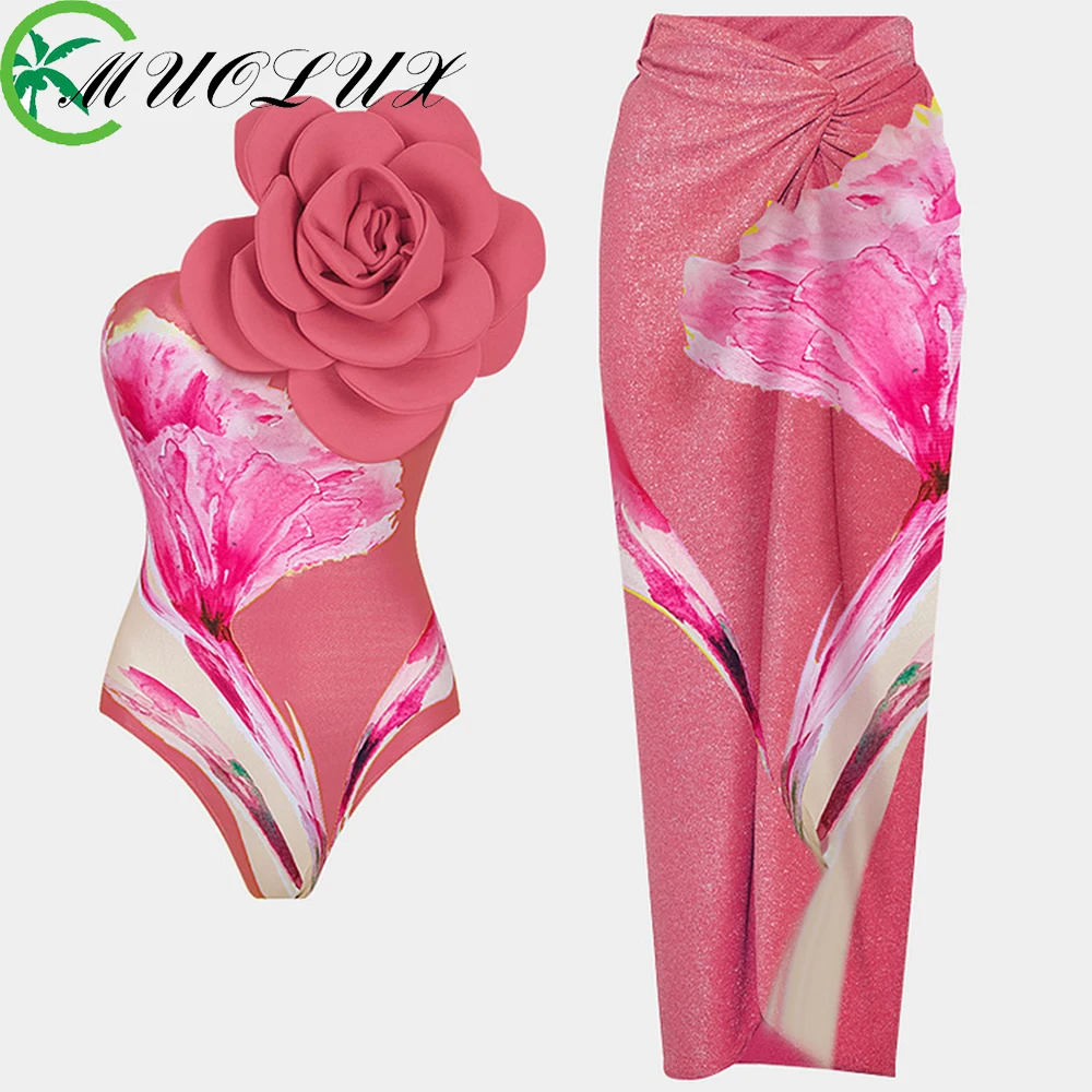 

MUOLUX 2024 One-piece Dress Swimwear3D Flower Bikini Set Cover-up Women Swimsuit Bikinis Luxury Beach Wear BathingSuit Monokini