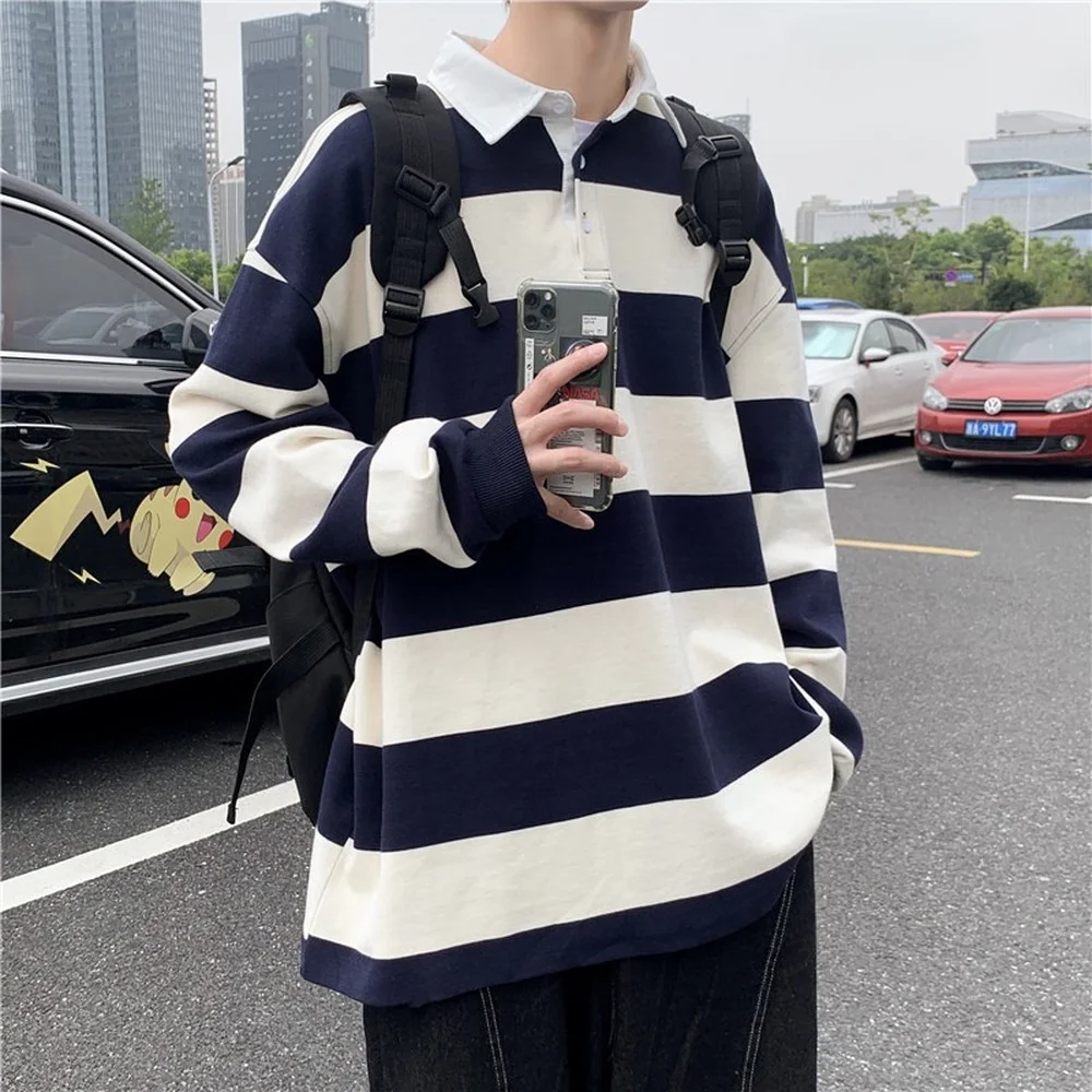 

Men's Long Sleeve Loose Tide Brand Lapel POLO Shirt Striped Top Clothes Versatile