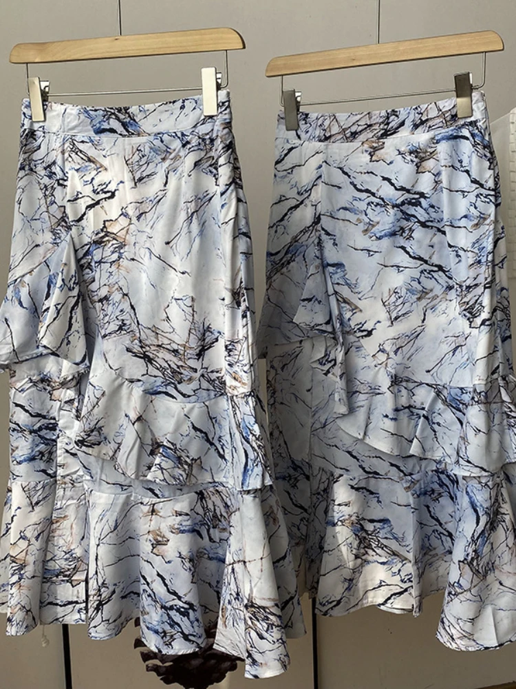 

Japanese Summer Print Slim Skirt Women Zipper Asymmetrical Ruffle Simple Style A-line Midi Mermaid Skirt Ladies Clothing Korea