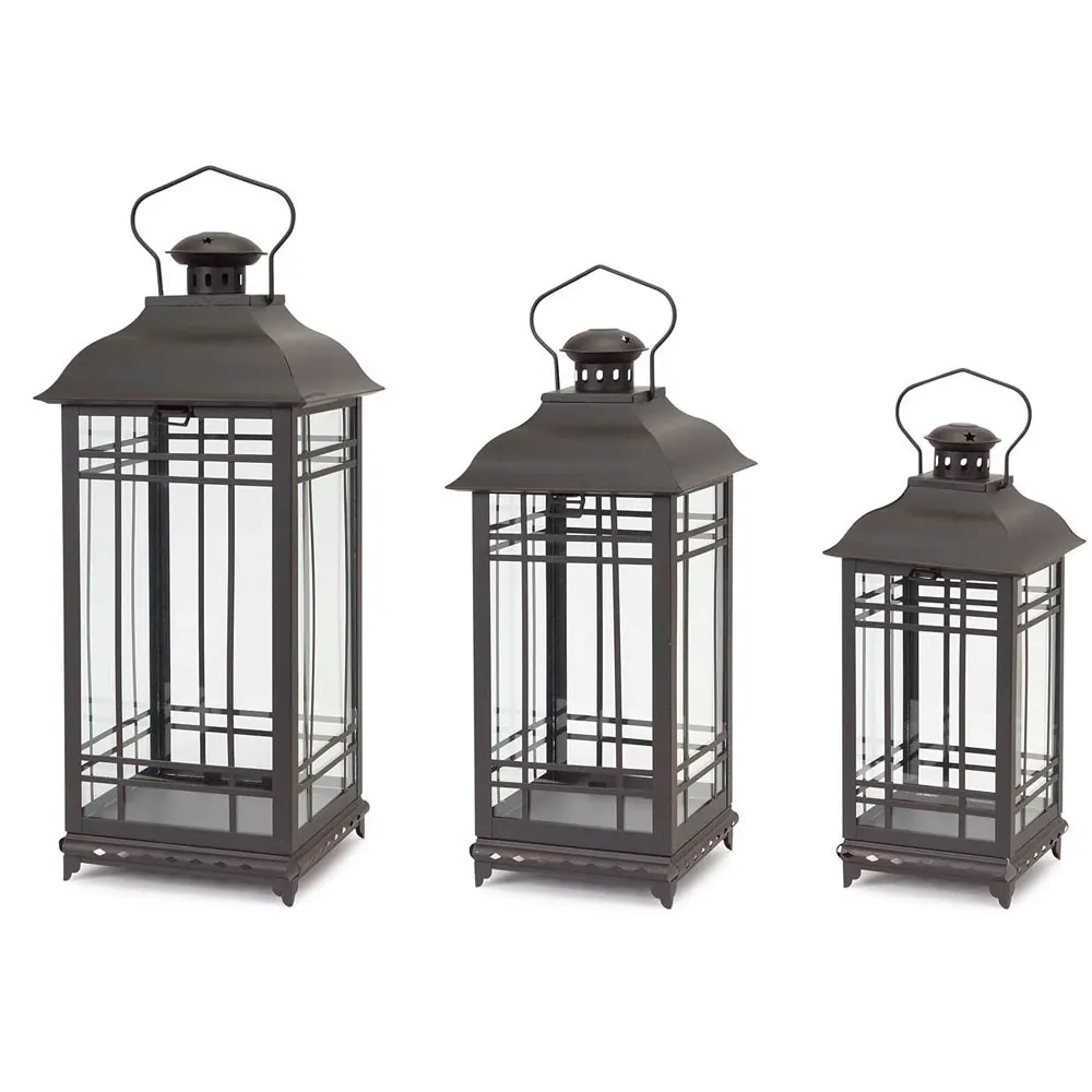 

3Pcs/Set Rustic Decorative Hanging Metal and Glass Outdoor Porch Deck Patio Home Living Room Décor Lantern Candle Holder Light