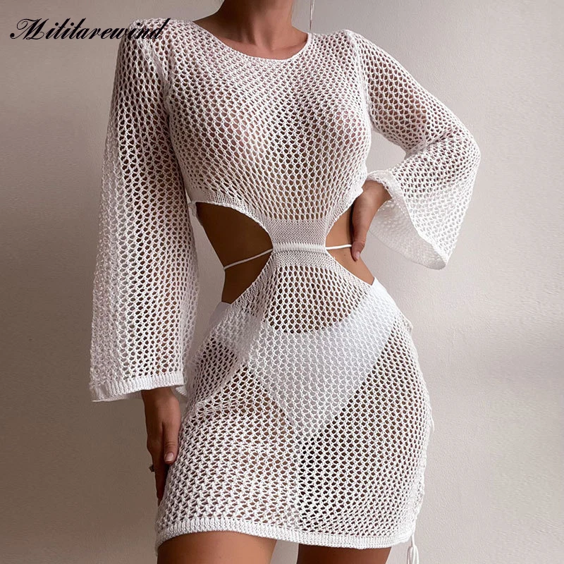 

Летние вязаные бандажные бикини с вырезами, праздничные пляжные однотонные белые облегающие повседневные кружевные прозрачные платья для отдыха