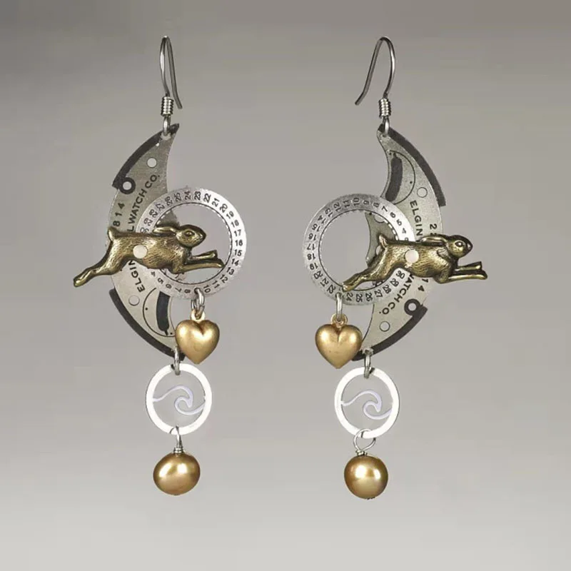 

Punk Hip Hop Earrings For Womens Trend Fashion Mechanical Rabbit Geometric Moon Love Metal Ball Hanging Earring Jewelry aretes