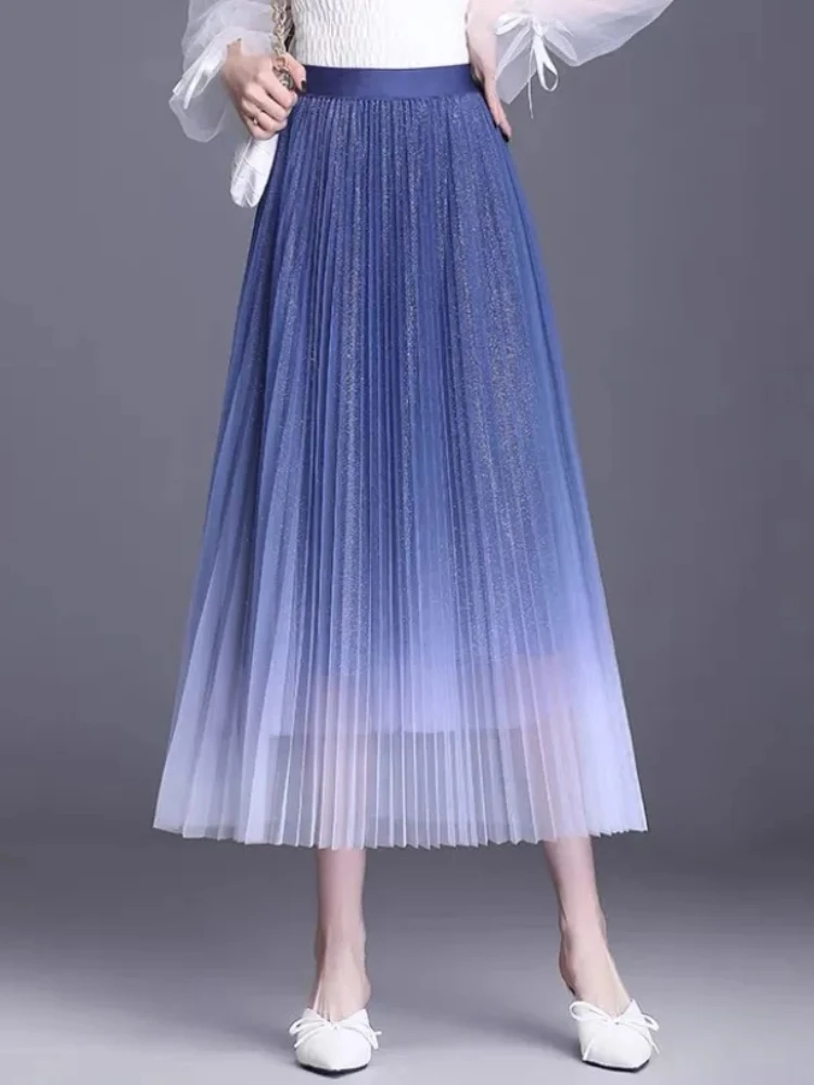 Summer Gradient Long Gauze Skirt Metallic A-line Swing Long Tulle Skirt Blue Green