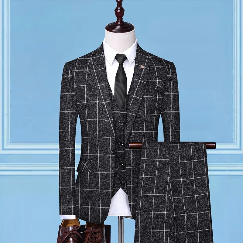 British Style Men Plaid Vest Blazer Pants 3 Pieces Set / Male Fashion High End Slim Wedding Banquet Business Suit Jacket Coat images - 2
