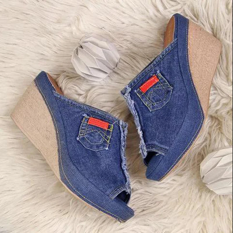 

Denim Sandals Fashion Fisherman Wedge Shoes Slip-on Summer Footwear Platform Casual Sandals