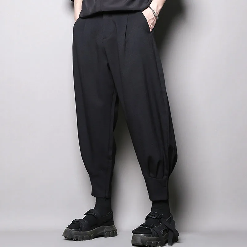 Men's Simple Casual Cropped Pants Spring And Summer Fashion Stitching Leggings Pinch Pleated Trend Black Trousers