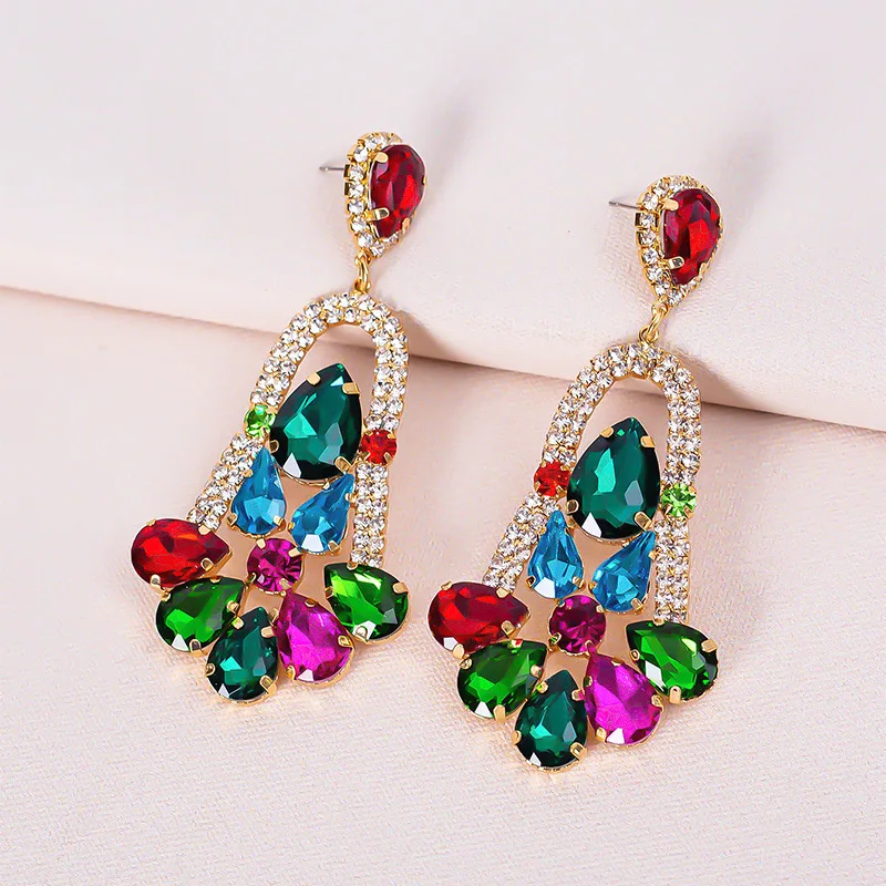 

Fashion Statement Champagne Women Romantic Gold Color Pendant Earring Multicolor Flower Crystal Pendant Drop Earrings Wholesale