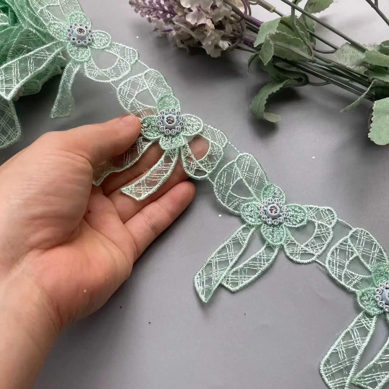 1 ярд Зеленая бабочка цветок растворимая органза кружевная отделка свадебная