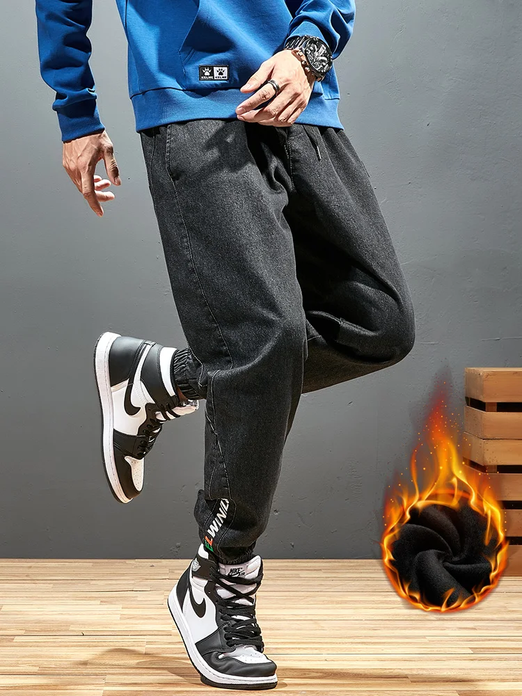 2022 New Men's Winter Fleece Jeans Thick Warm Denim Pants Men Streetwear Black Joggers Harem Jean Thermal Trousers Plus Size 8XL
