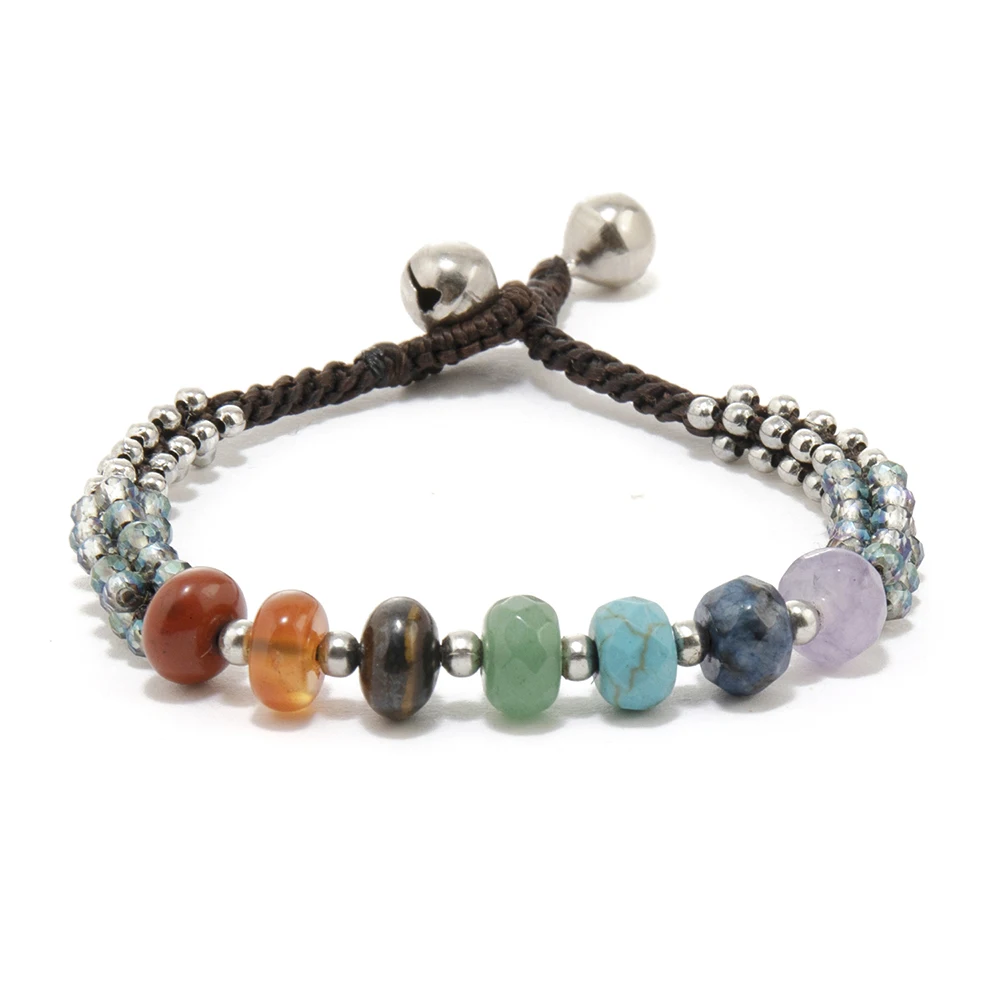 

New Arrival Natural Gemstone 7 Chakra Healing Energy Stone Handmade Jewelry Silver Plated Beaded Crystal Wax Rope Bracelets Gift