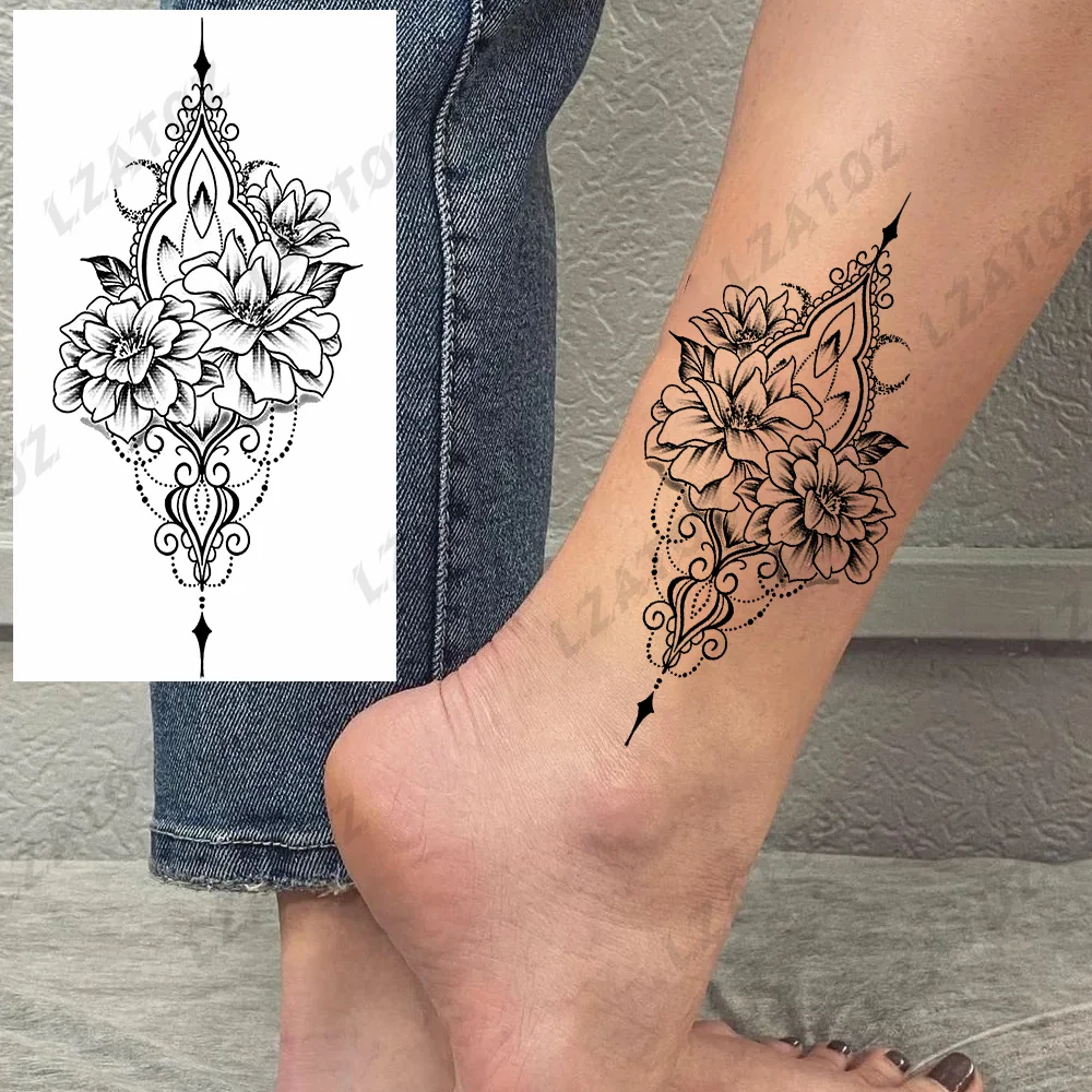 

Henna Lily Flower Temporary Tattoos For Woman Adults Realistic Fake Peony Tulip Tattoo Sticker Foot Body Art Waterproof Tatoos