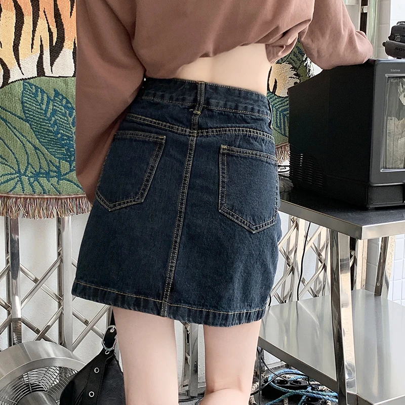 Vintage Denim Skirt Women's Dark Blue Summer High Waist Slim A-line Wrapped Hip Short Skirt Fashion