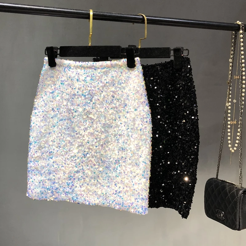 

2022 New Fashion Lady Sequins High Waist Short A-line Skirt Blingbling Sexy Nightclub Disco Wrap Buttocks Shiny Pencil Skirts