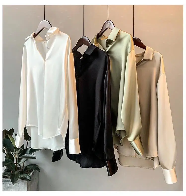 

Womens Satin Shirt 2023 Summer New Silk Vintage Long Sleeve Blouse Fashion Solid Colour Office Lady Elegant Sheer Top Streetwear