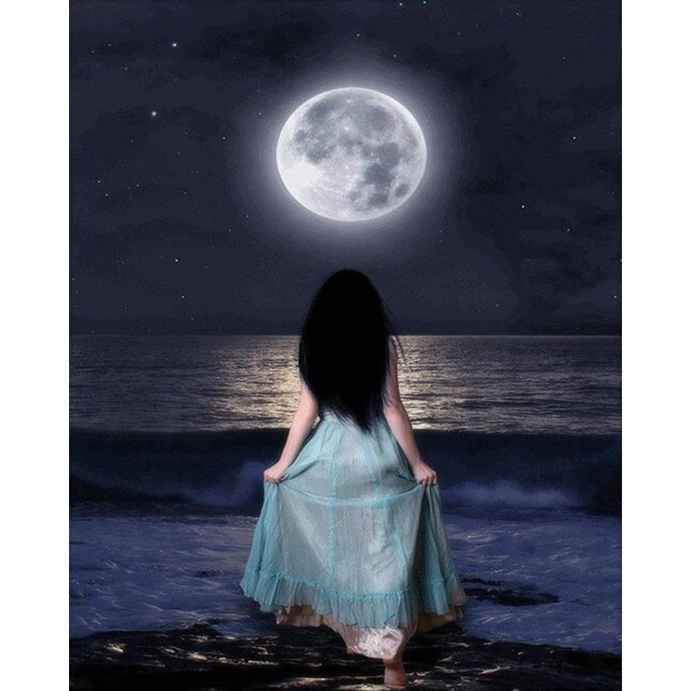 

DIY Paint By Numbers Kit Girl Under The Moon Hand Painted on Canvas Colouring Oil Art Picture Craft Home Wall Decor
