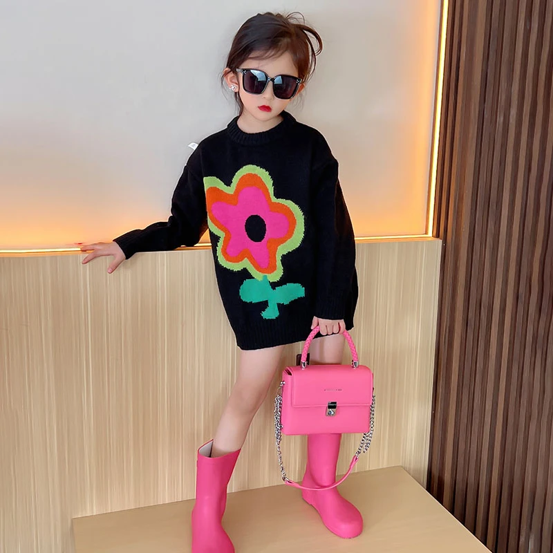 

Sweater Big Jacquard Knit Rib Knitwear Knitted Kids Children Pullover Tops Autumn Spring Girls Clothes Baby Floral