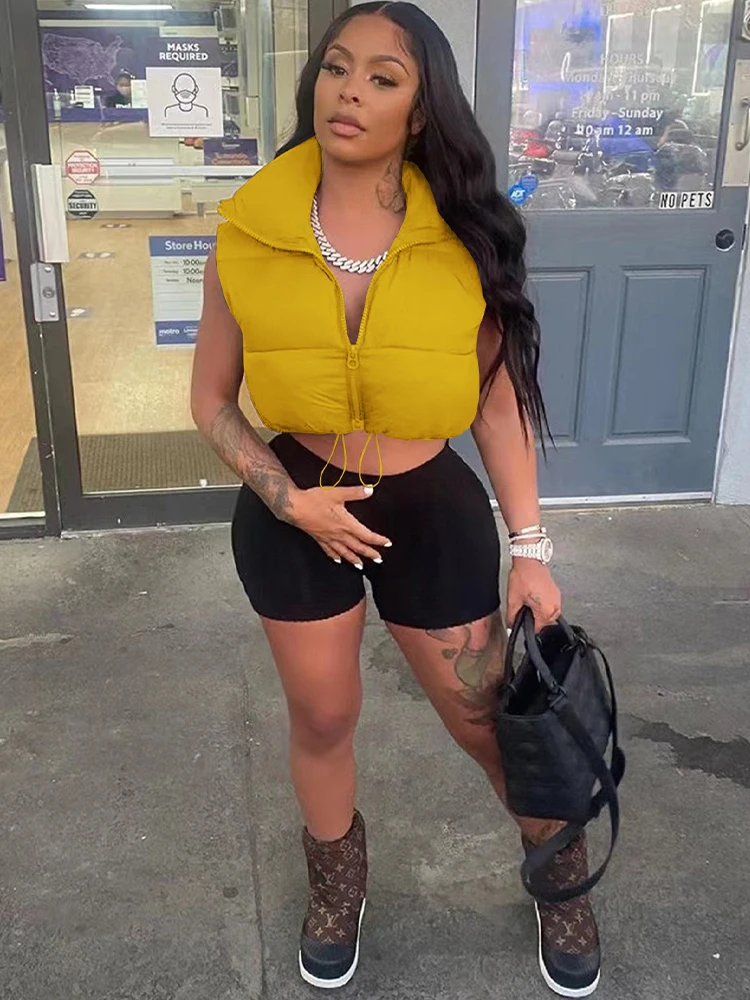 Casual Stand Collar Sleeveless Waistcoat Streetwear Zipper Front Warm Thicken Outwear Autumn Winter Women Brown Padded Vest Coat