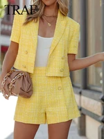 traf za long sleeve cropped blazer four button slim shorts womens suit bright yellow woven ladies suit two piece summer new