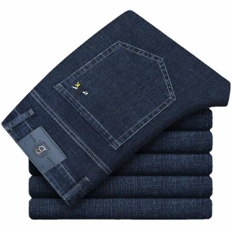 

New Spring Autumn Middle-Aged Men's Pure Cotton Jeans Straight Pants Leisure High Waist Stretch Pants