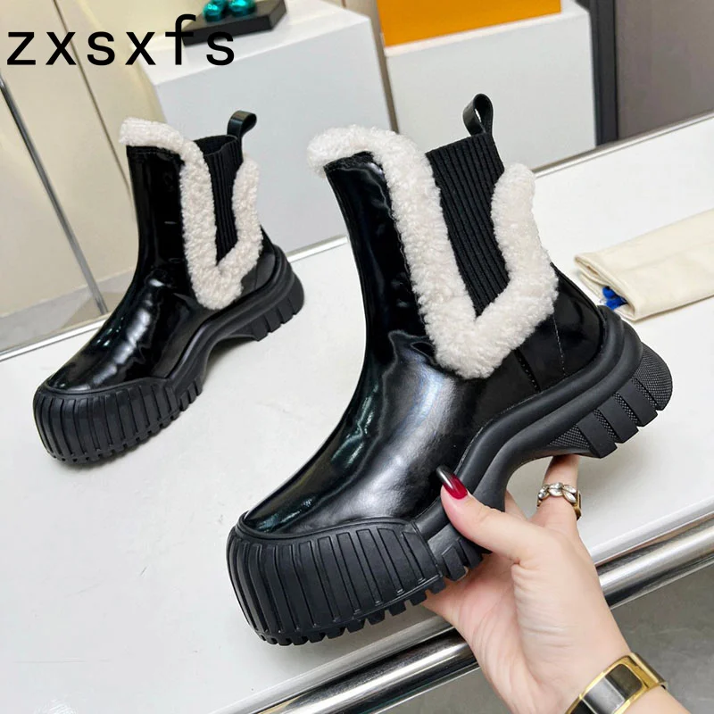 

Ботинки женские шерстяные на платформе, дизайнерские короткие сапоги на толстой подошве, Повседневная зимняя обувь с мехом, Теплые ботильоны из натуральной кожи