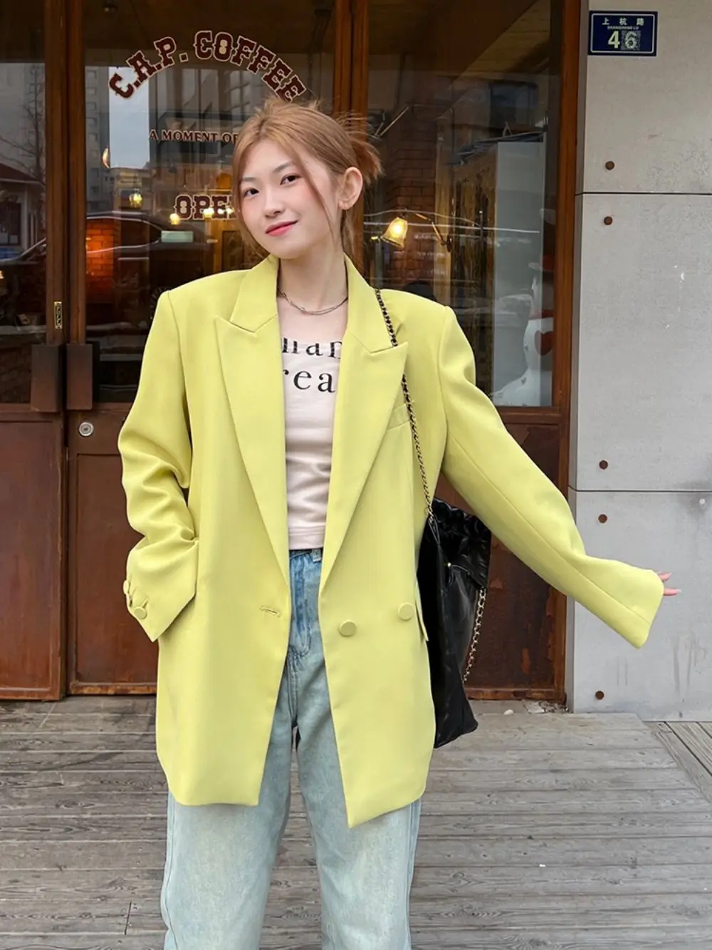 Straight Vintage Loose Blazers For Women Lapel Long Sleeve Double Breasted Solid Jacket Female Casual High Street пиджак женский