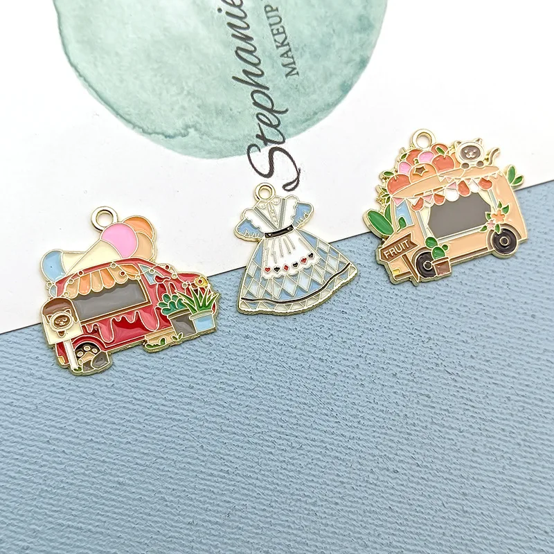 

Colorful Enamel Alloy Jewelry Charms 30pcs Kawaii Cute Floral Bus Girl Princess Dress Metal Necklace Pendant for Party Jewelry