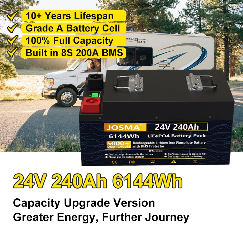LiFePO4 Battery Pack 24V 240Ah 200Ah 101% Capacity 25.6V 7.6KWh 8S 200A BMS 5000+ Deep Cycles 10 Years Lifespan for RV Outdoor