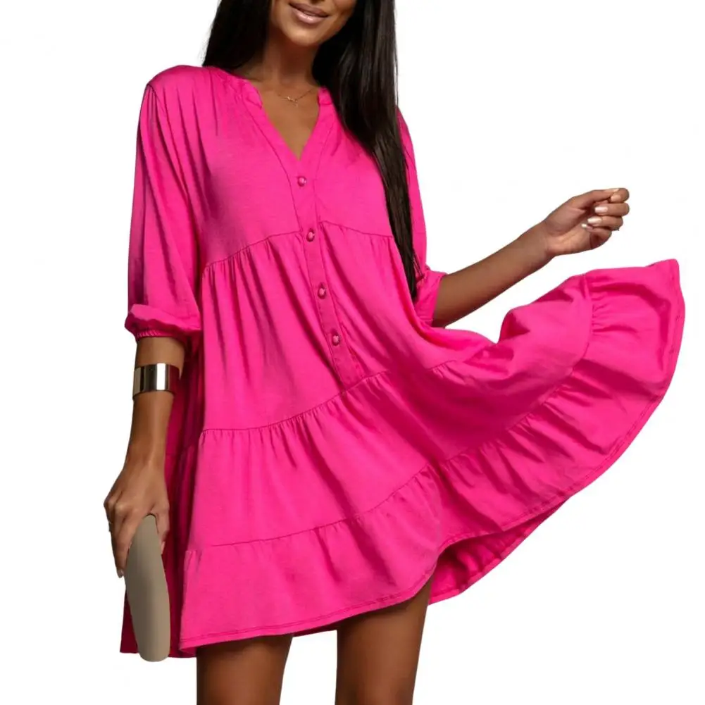 

Retro Patchwork Dress Women's Elegant V-neck Ruffle Half Sleeve Buttons Casual Mini Dress Pleated Hem Short Dress Beach Vestidos