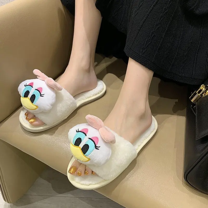 

Disney Cute Donald Duck Daisy Slippers For Girls New Style Plush Flip Flops Autumn Winter Cotton Slippers Outside Home Shoes