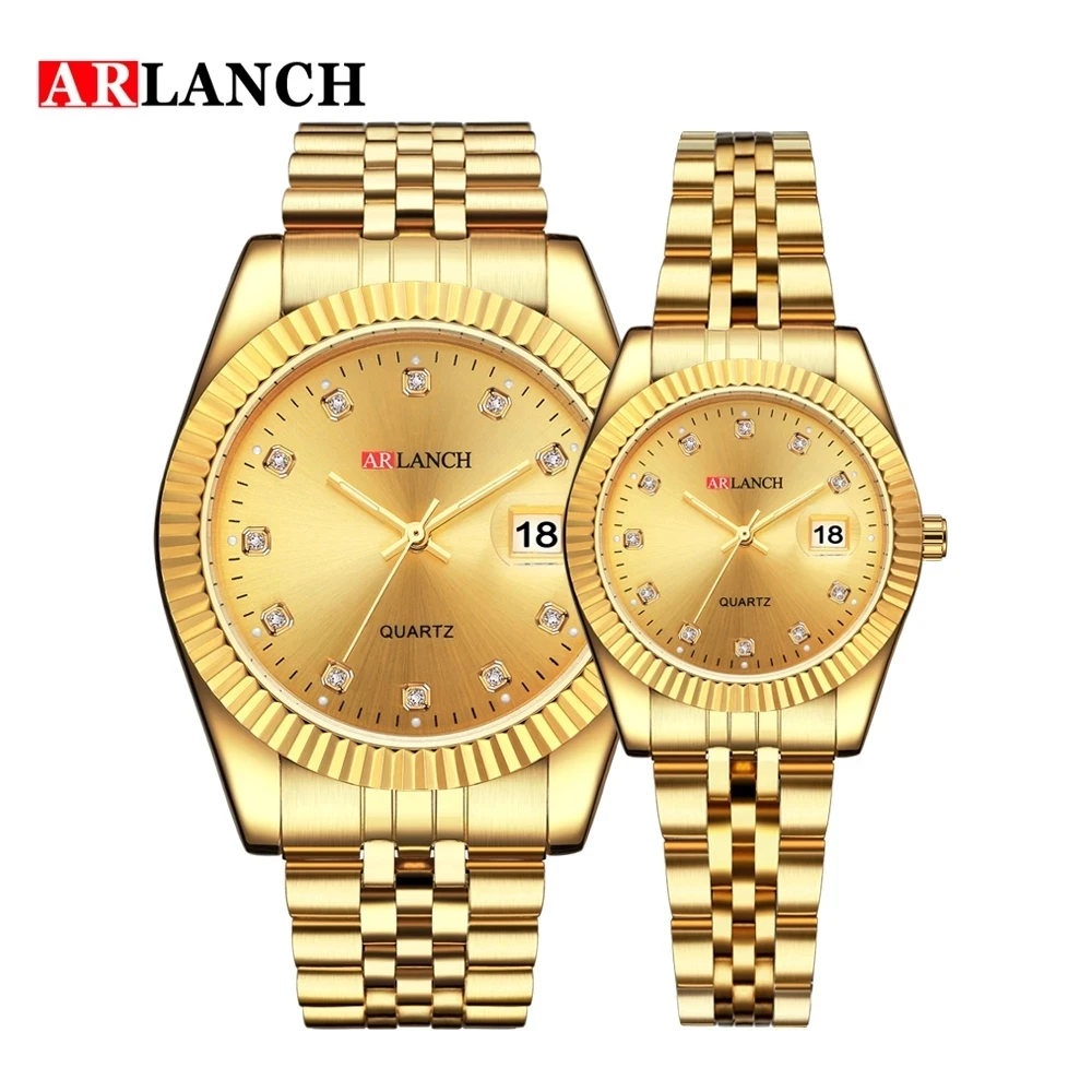 ARLANCH Fashion Luxury Men Women Watch Gold Blue Quartz Wrist Watch Stainless Steel Couples Clock Casual Waterproof Mens Watches