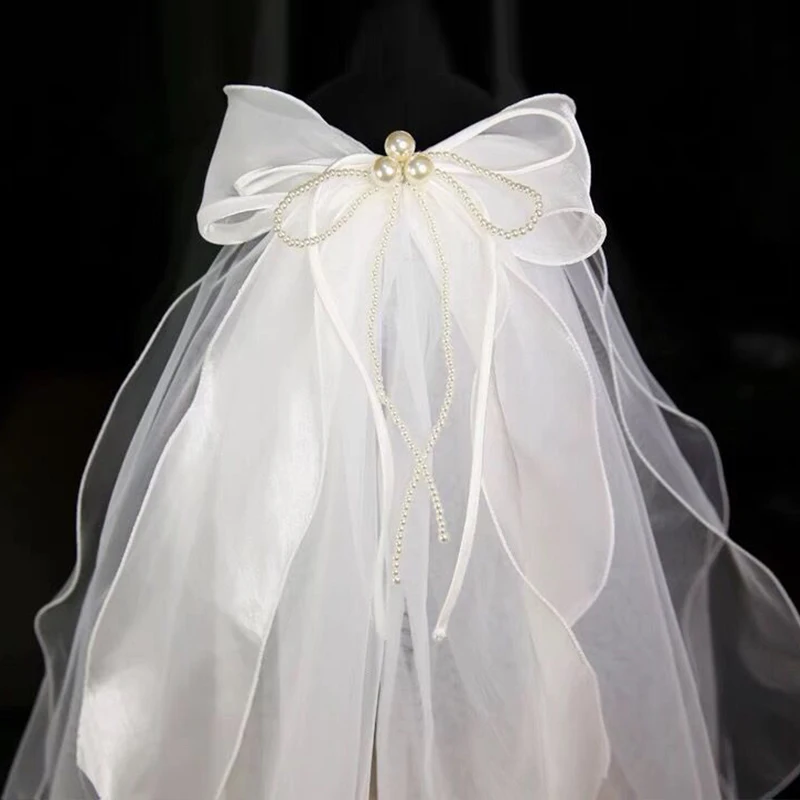 

Корейский атласный головной убор с бантом, искусственная жемчужина, свадебная вуаль, свадебные аксессуары для волос, повязки на голову