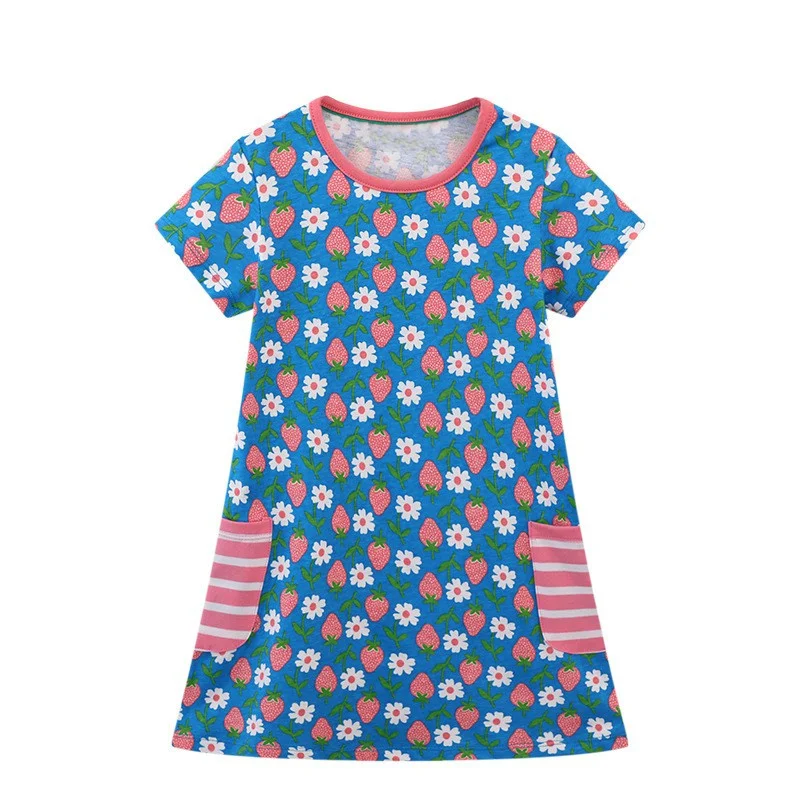 

Jumping Meters New Arrival 2-7T Summer Princess Girls Dresses With Pockets Strawberry Print O-neck Kids Clothing Cotton Baby