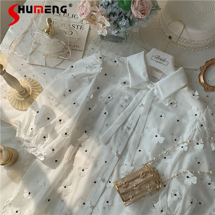 

Новинка, женская модная Ретро рубашка во французском стиле с объемными маленькими цветами, женская летняя Милая простая блузка с воротнико...