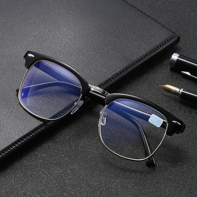

Half Frame Myopia Lens Fashionable Flat Glasses Metal Frame Retro Decoration Glasses 0 To -4.0 Finished Myopia Glasses Eyewear