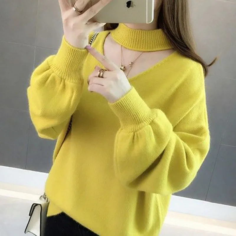 

Дизайнерский элегантный вязаный свитер, Однотонный свитер с пышными рукавами, свитер в Корейском стиле с высоким воротником для женщин, Осе...
