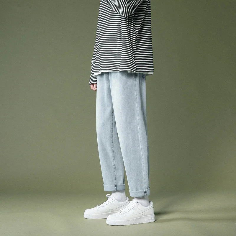 Summer Blue/Black Jeans Men Fashion Drawstring Casual Straight Jeans Men Streetwear Hip Hop Loose Denim Pants Mens Trousers