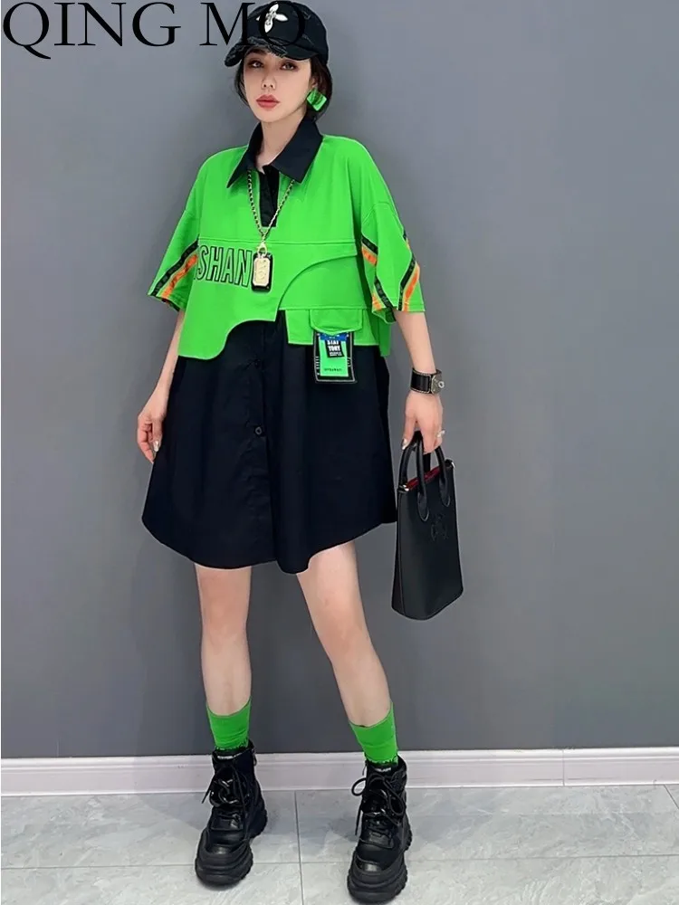 

Женский топ из двух частей QING MO, футболка зеленого и красного цвета в Корейском стиле, модель ZXF2471 на лето, 2023