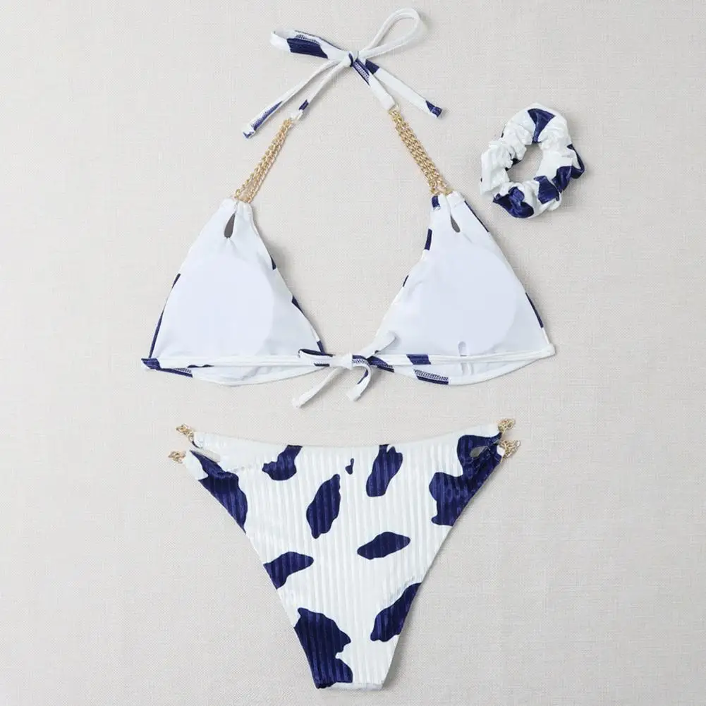 

3Pcs/Set Women Swimwear Cow Print Split Bikini Off Shoulder Backless Split Bikini