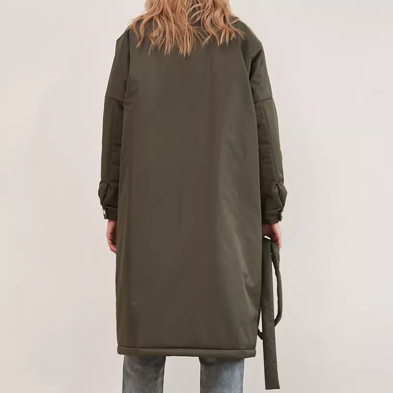 

Spring Single Breasted Parkas Women Fashion Stand Collar Coat Women Solid Tie Belt Simple Cotton Jackets Female Ladies