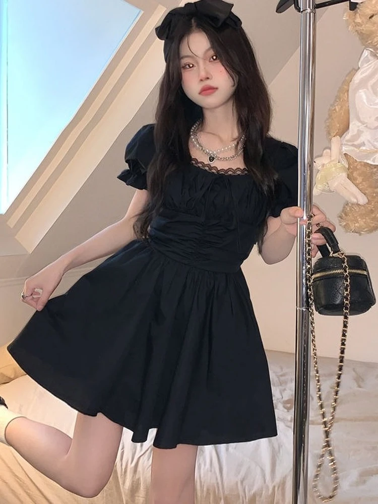 

QWEEK Gothic Harajuku Black Mini Dress Women Mori Goth Wrap Lace Puff Sleeve Short Dresses 2022 Summer Korean Fashion Kpop