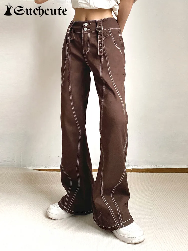 

SUCHCUTE Harajuku Women Cargo Jeans Y2K Button Up Brown Denim Trousers Streetwear Vintage Korean Fashion Hip Hop Baggy Pants 90s