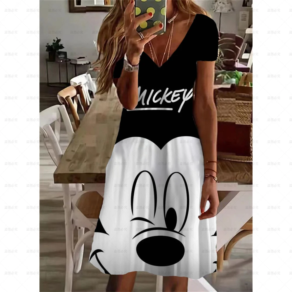 

2022 Summer Elegant Women's Disney Mickey Minnie Printed Dresses Knee Length V Neck Loosen Casual nightclub Dress New Design