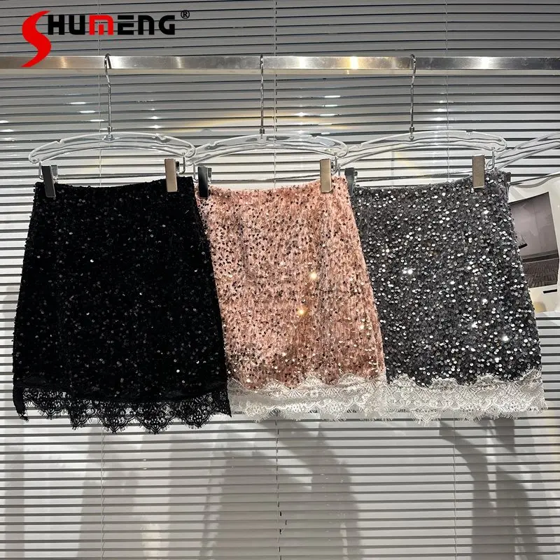 

2023 Summer New Elegant Socialite Lace Crocheted Stitching Full Body Sequin Mini Skirt A-line Short Skirt for Women